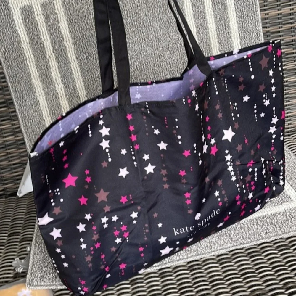 Kate Spade Black Multi Color with Light and Dark Pink Stars Canvas Tote XL Reusa - Picture 10 of 16